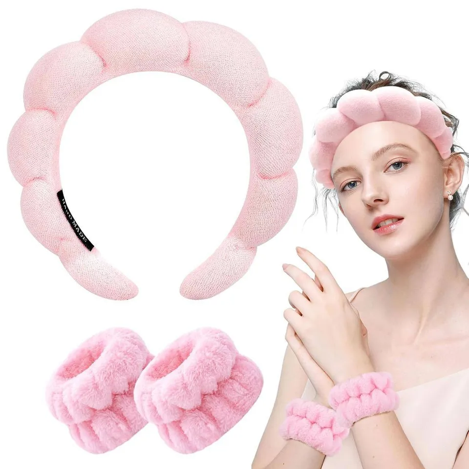 Spa Headband And Wristband Set (Pink and Black)